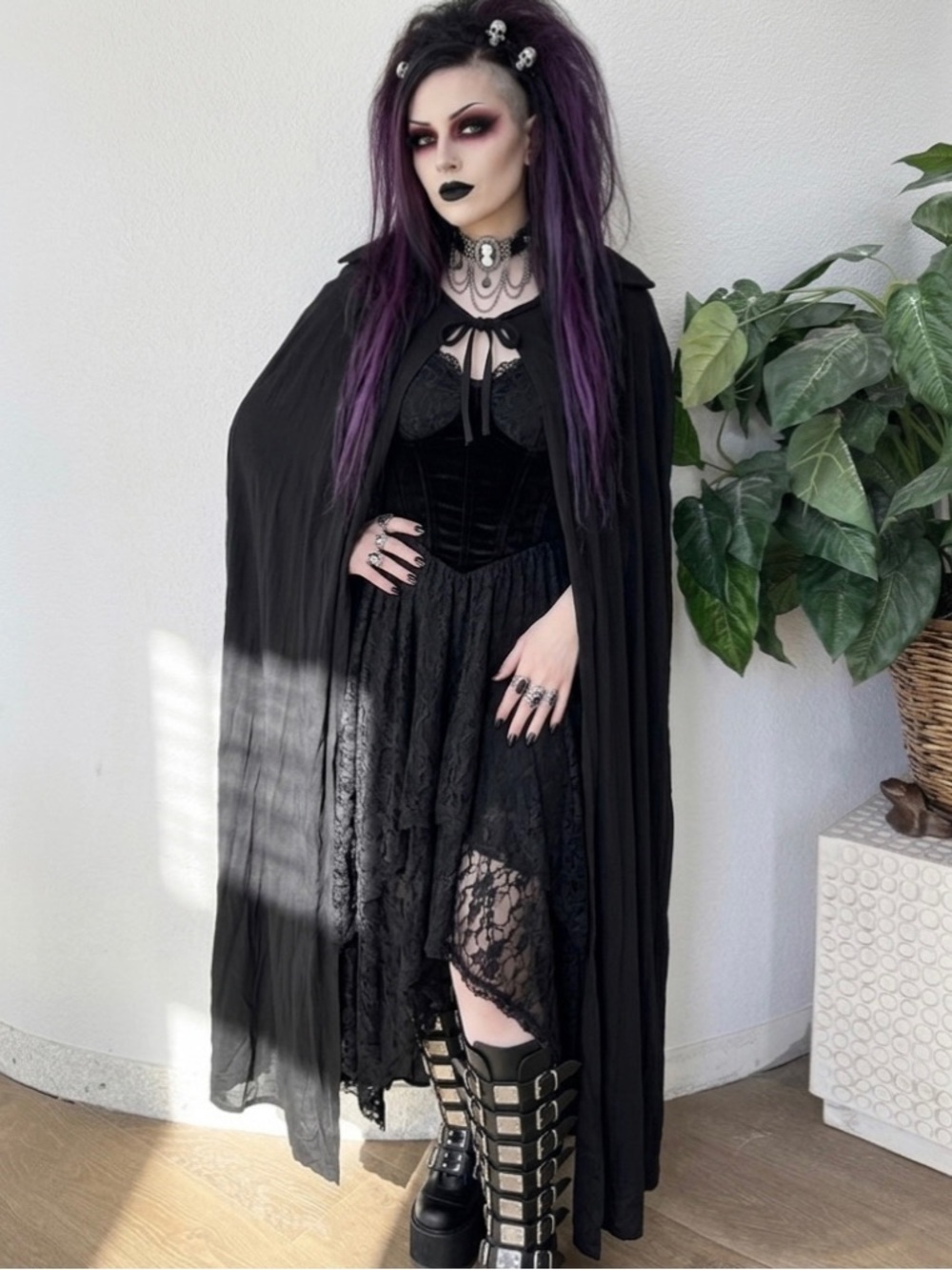 Goth Witch Vampire Black Convertible Collar Maxi Cape OS Halloween Costume